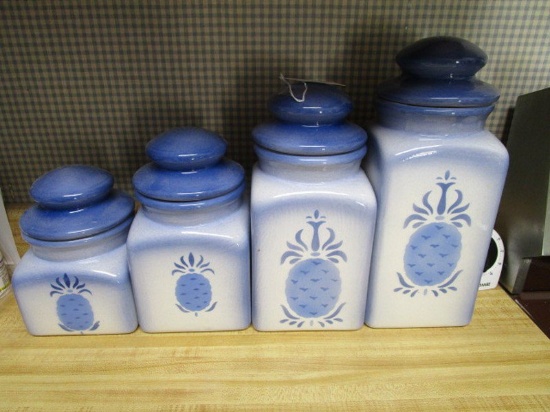 4 Ceramic Blue Sugar/Floral Jars w/ Pineapple Motif