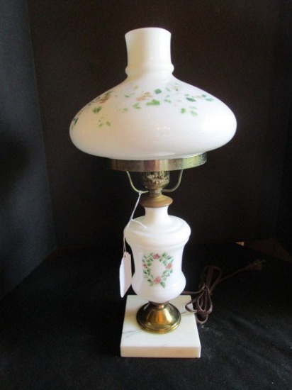 18" H Metal Glass Desk Lamp w/ White Glass Shade, Floral Transfer Pattern
