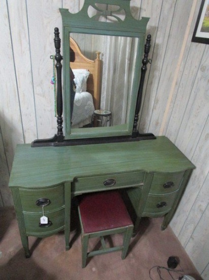 Wooden Green Painted Hepplewhite-Style Vanity Desk w/ Stool w/ Mirror