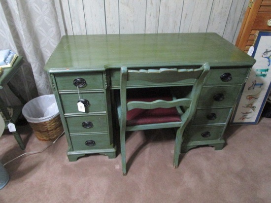 Wooden Green Painted Hepplewhite-Style Writing Desk, 8 Drawers w/ Chair