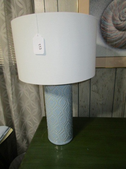 28" H Blue Beaded Ceramic Lamp, Diamond Pattern w/ Cream Shade