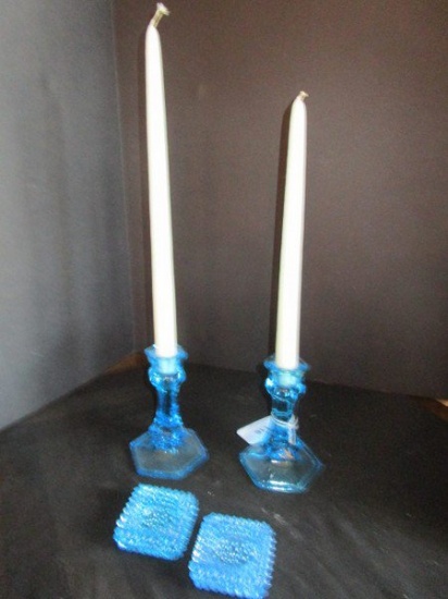 Pair - Blue Glass Candle Holders 6" w/ Hobnail Pair Blue Glass Votive Candle Holders