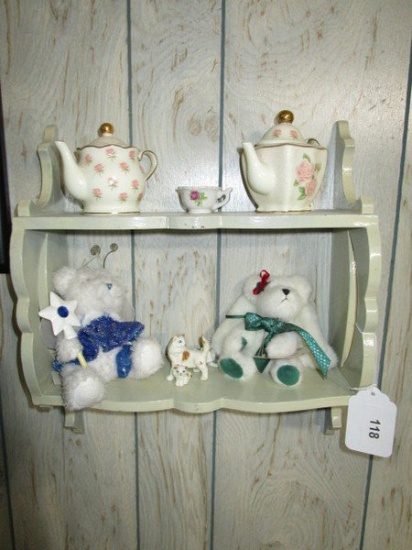 Lot - Wooden Wall Hanging Shelf w/ Contents, Plus Angel Bears, Ceramic Cats