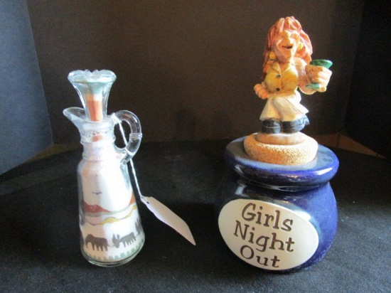 Lot - Decorative Sand-In-Glass w/ Whimsical Girls Night Out Ceramic Trinket Dish w/ Cork