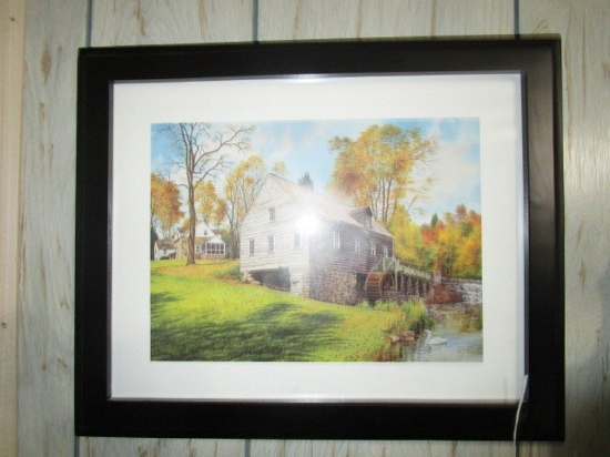 Rustic Mill on River Scene Print in Black Frame/Matt