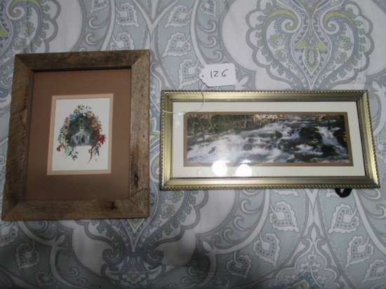 Lot - River/Waterfall Print Picture in Metal Frame & Rustic Church/Floral Print
