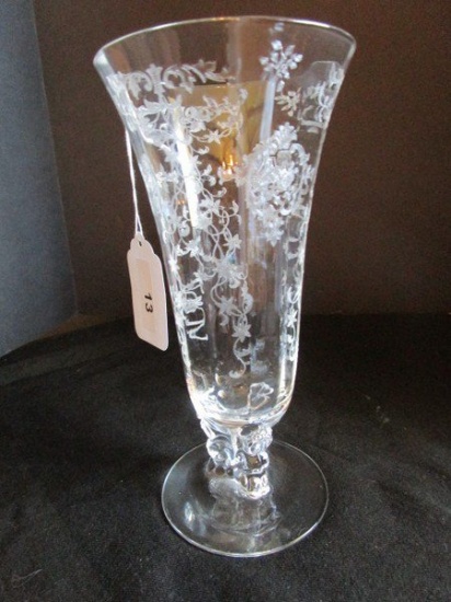 Crystal Glass Vine/Rose cut Glass Motif Vase w/ Ornate Base