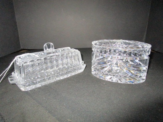 Lot - Waterford Crystal Ornate Cut Glass Trinket Dish, Cut Glass Butter Dish