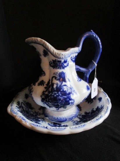 Ceramic Porcelain Water Jug w/ Wash Basin Décor, Blue Rose Pattern, Carved Ornate Rim