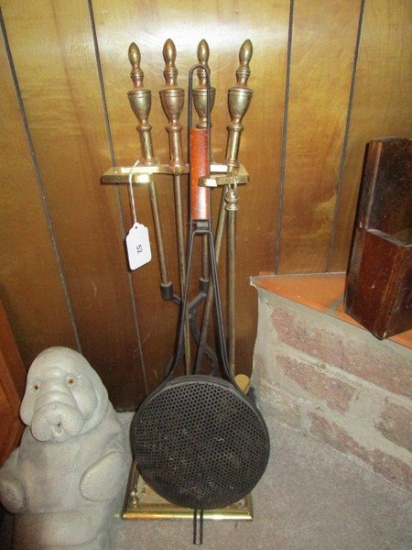 Fireplace Lot - Tongs, Poker, Brush w/ Brass Stand w/ Vintage Black Metal Bed Warmer