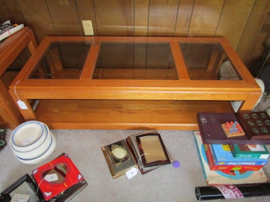 Wood Veneer Coffee Table, 3 Sectional Glass Panel w/ 1 Lower Wooden Tier