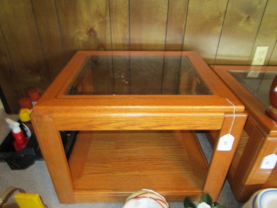 Wood Veneer Side Table w/ Glass Top, Wood Base