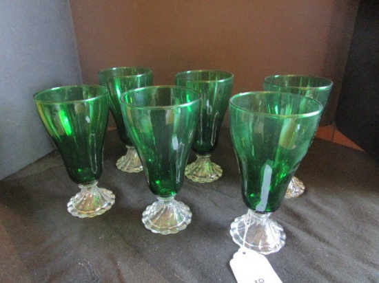 6 Green Glass Goblets w/ Swirl/Bubble Design Base