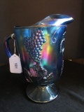 Blue/Purple Iridescent Glass Pitcher w/ Berry/Lead Pattern Motif, Beaded Stem on Base