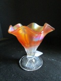 Ruffled Rim Carnival Glass Amber Candle Holder Bowl, Cut Stem/Base