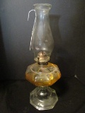 Clear Glass Hexagonal Oil Urn-Design Lamp w/ Oil w/ Fluted Shade Beaded Top