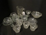 Lot - 3 Cut Glass/Beaded Cups, Petal Design Cups w/ Plates, Tomato/Leaf Glass Pitcher