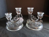 Pair - Twin Candle Stick Holder Glass w/ Trumpet/Scalloped Design