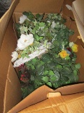 Box Lot - Wreaths w/ Faux Flowers, Faux Flowers in Wicker Basket, Etc.