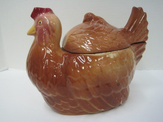 Fredericksburg Art Pottery Brown Chicken w/ Little Chick on Back Cookie Jar