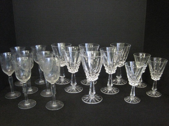 Lot - Crystal Wine/Cordial Stems Diamond/Vertical Pattern & 6 Etched Flower Pattern Stems