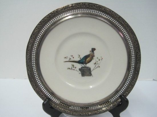 Frank M. Whiting "Pheasant" Pattern Porcelain Plate w/ Sterling Pierced Flower