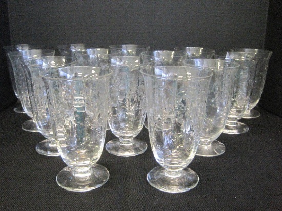 14 Depression Glass Chatham Pattern Flower & Foliage Motif Footed Iced Tea Goblets