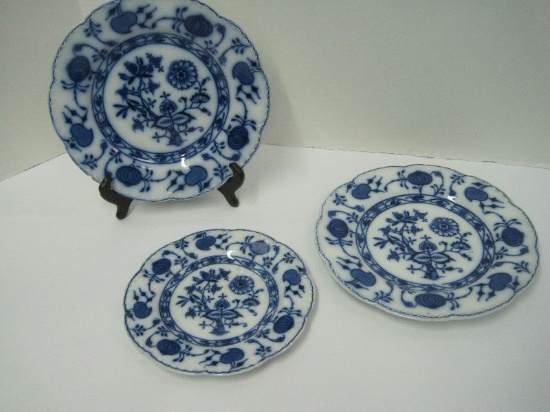 3 Porcelain Flow Blue Holland Blue Onion Decoration by Johnson Brothers, 2 Luncheon Plates