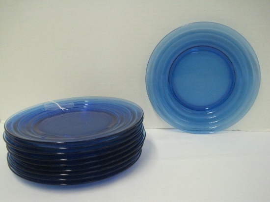 10 Depression Glass Moderntone Pattern Cobalt Blue Transparent Luncheon Plates