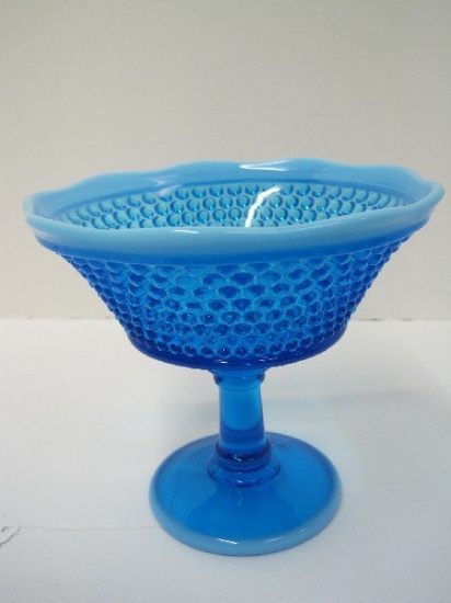 Westmoreland American Hobnail Pattern Blue Opalescent Compote w/ Scalloped Rim