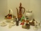 Lot - Ceramic Ewer, Basket w/ Plastic Fruit, Rooster/Hen Figurines