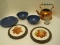 Lot - 3 Pieces Blue Speckled Enamelware Bowls, Aluminum Collapsible Cup, 2 Trivets