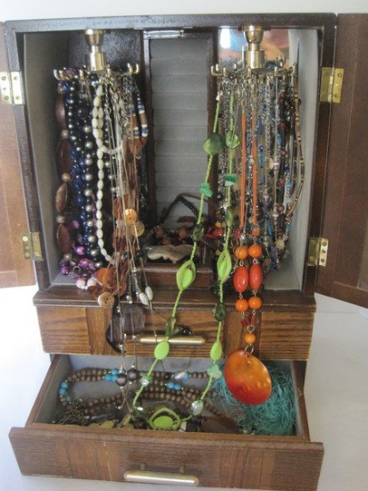 Oak Mid-Century Design Jewelry Chest w/ Misc. Fashion Jewelry Necklaces, Bracelets