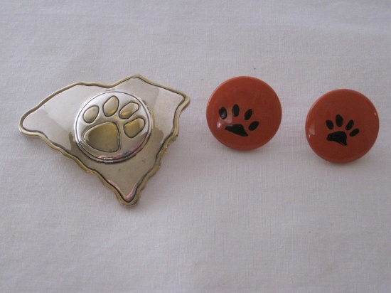 South Carolina Form Clemson Tigers Brooch/Pendant & Pair Pierced Disc Tin Earrings