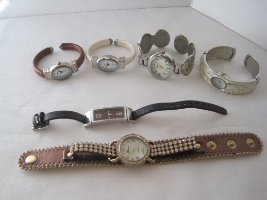 6 Ladies Designer Wrist Watchers, Eikon, Geneva Rhinestone/Leather Band