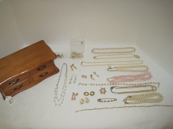 Jewelry Box w/ Faux Pearl Single/Multi-Strand Necklaces, Pierced Earring, Rhinestone Pendant