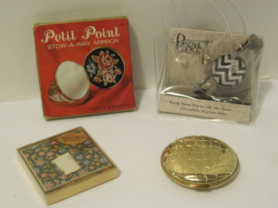 Lot - Petit Point Stow-A-Way Mirror Plain/Magnifying, Floral Compact Mirror