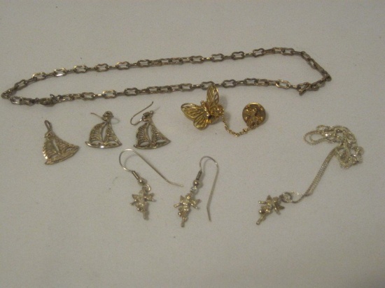 Lot - Filigree Sailboat Pendant 1 1/8" w/ Matching Pierced Earrings, Chain w/ Cherub Pendant