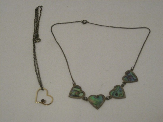 Stamped 925 Mexico 4 Abalone Hearts on Chain & Floating Heart Pendant on Chain