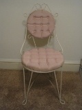 Painted White Wrought Iron Vanity Chair w/ Pink Upholstered Tufted Medallion Back & Seat