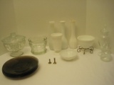 Lot - Milk Glass Bud Vases, Tumbler, Footed Bowl, Pressed Glass Covered Candy Dish