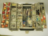 Lot - Plano Shur-Latch Tackle Box w/ Misc. Fish Lures, Heddon Tiny Chugger, Worms