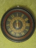 Antiqued Patina Disc Wall Clock w/ Foliate Gilt Band 7 Roman Numerals