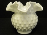 Fenton Milk Glass Hobnail Pattern Vase w/ Crimped Ruffled Edge