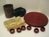 Lot - 6 Hand Made Burgundy Glass Beaded Scroll Design Placemats w/ Matching Napkin Rings
