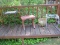 Lot - Patio End Table Planter, Wooden Bench & Black Wrought Iron Table w/ Lattice/Tile Top