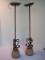 Pair - Spanish Scroll/Medallion Pendant Lights Amber Frosted Shades/Antiqued Bronze Patina