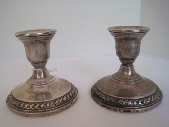 Pair - Sterling Weighted Base Candle Sticks Embellished Gadroon Design Base