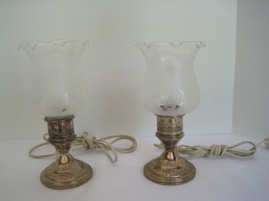 Pair - Crest Silver Co. Sterling Weighted Base Converted Candle Stick Boudoir Lamps