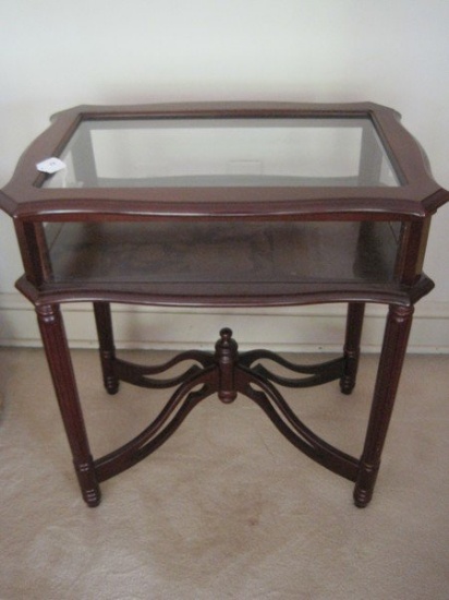 Chinese Chippendale Style Display Side Table w/ Center Base Finial & Piano Hinge Lift Top